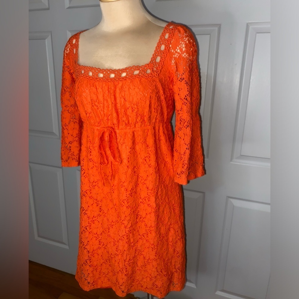 LAUNDRY by Shelli Segal Orange Eyelet Lace Bell Sleeve Dress | Size S | NWT